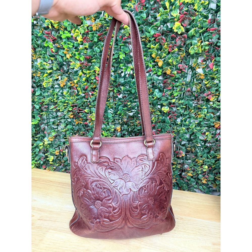 Patricia Nash Brown Leather Embossed Floral Shoulder Bag Tote Hand Tooled Boho